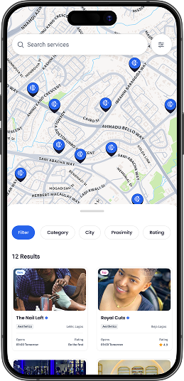UrbanWish app showing nearby businesses on a map with search results