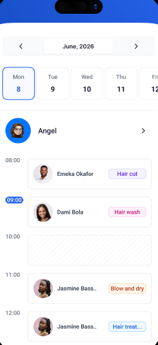 UrbanWish app showing a staff member's daily appointment schedule