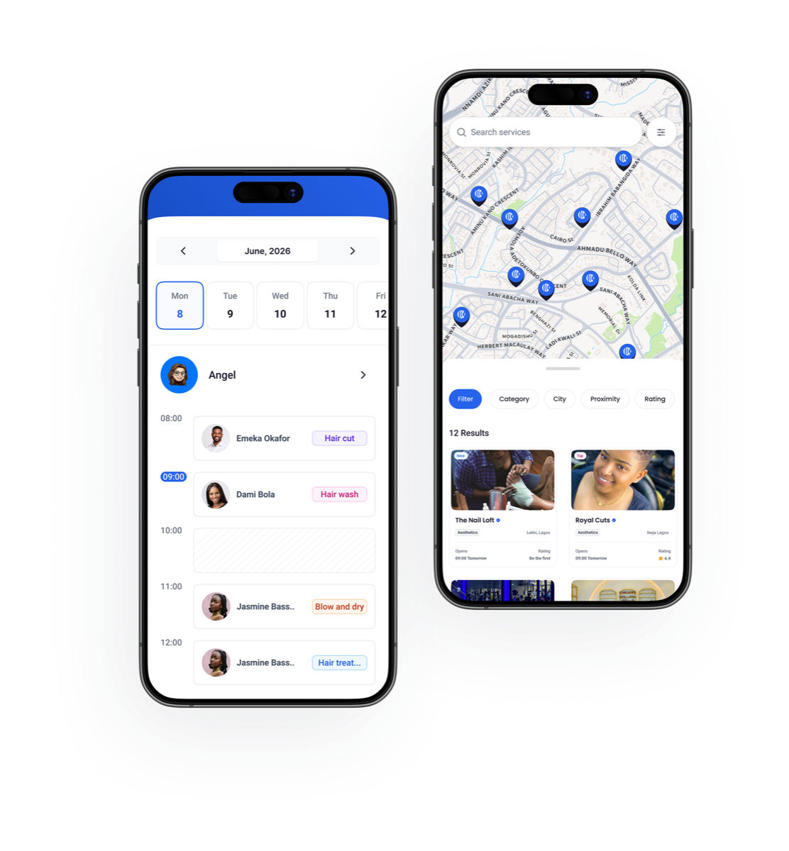 UrbanWish app showing a staff schedule alongside nearby businesses on a map