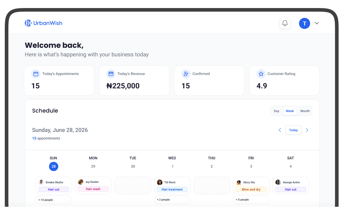 UrbanWish business dashboard preview with appointment stats and a weekly schedule